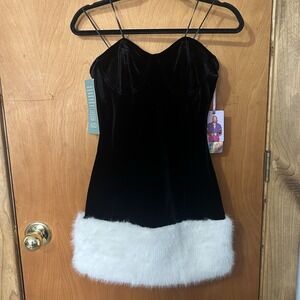 Johnny Wujek Dress Size 9 Black Velour With White Fur‎ NWT